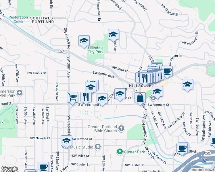 map of restaurants, bars, coffee shops, grocery stores, and more near 2409 Southwest Nebraska Street in Portland