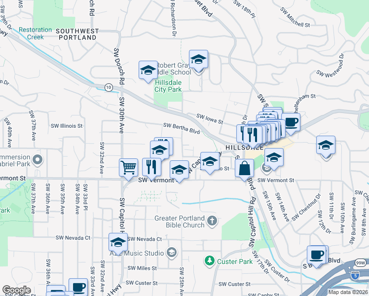 map of restaurants, bars, coffee shops, grocery stores, and more near 2417 Southwest Nebraska Street in Portland