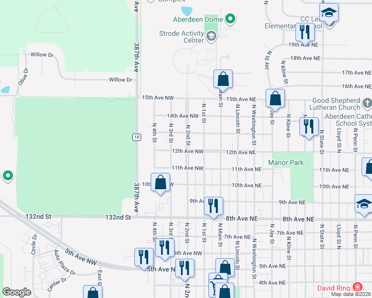 map of restaurants, bars, coffee shops, grocery stores, and more near 1205 North 2nd Street in Aberdeen