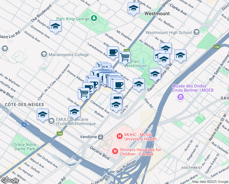 map of restaurants, bars, coffee shops, grocery stores, and more near 328a Avenue Victoria in Westmount