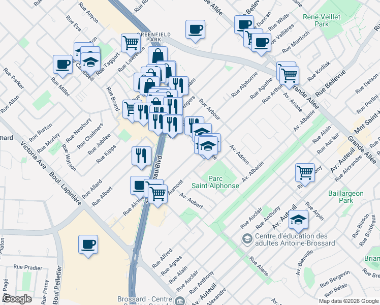 map of restaurants, bars, coffee shops, grocery stores, and more near 6224 Rue Agathe in Brossard