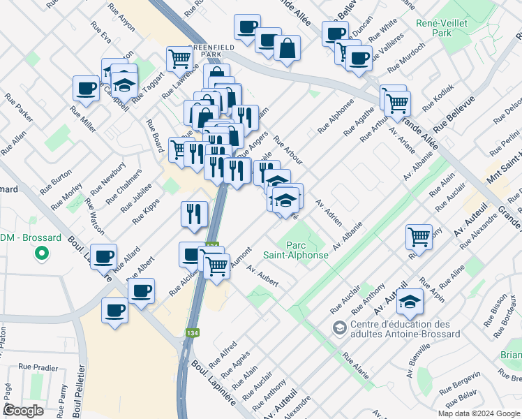 map of restaurants, bars, coffee shops, grocery stores, and more near 6224 Rue Agathe in Brossard