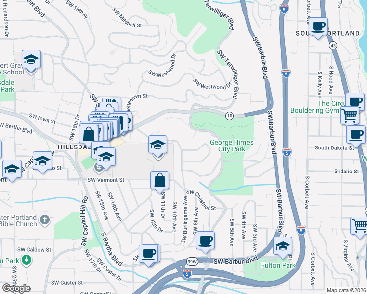 map of restaurants, bars, coffee shops, grocery stores, and more near 6310 Southwest Burlingame Avenue in Portland