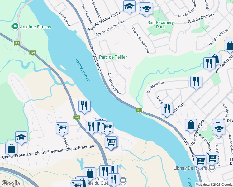 map of restaurants, bars, coffee shops, grocery stores, and more near 87 Rue de Sérignan in Gatineau