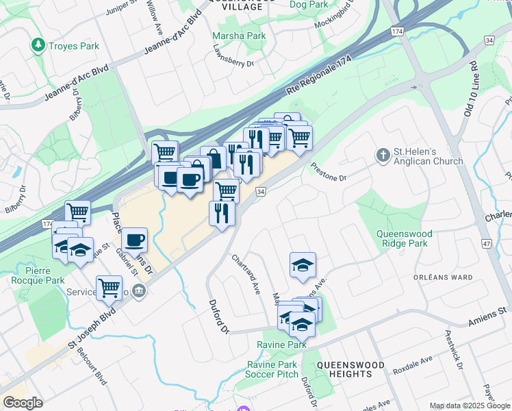 map of restaurants, bars, coffee shops, grocery stores, and more near 3050 Saint Joseph Boulevard in Ottawa