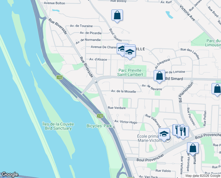map of restaurants, bars, coffee shops, grocery stores, and more near 63 Avenue de la Moselle in Saint-Lambert