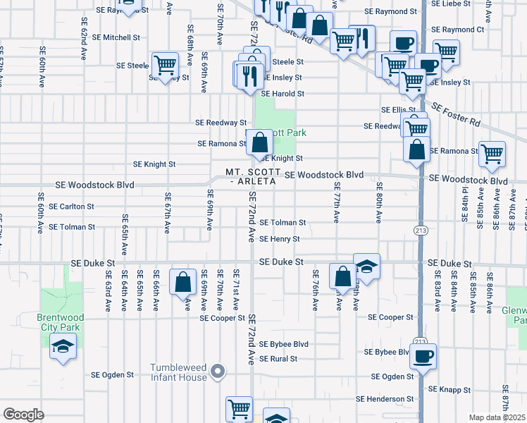 map of restaurants, bars, coffee shops, grocery stores, and more near 6124 Southeast 72nd Avenue in Portland