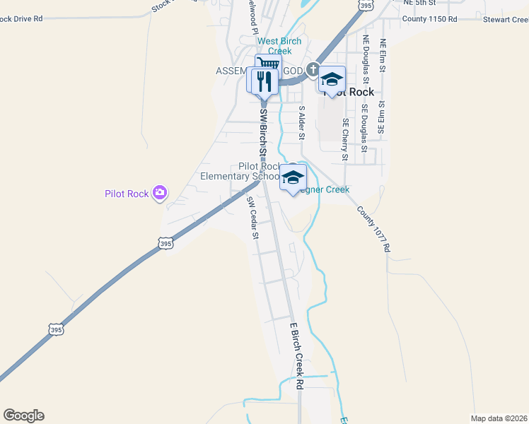 map of restaurants, bars, coffee shops, grocery stores, and more near 575 Southwest Birch Street in Pilot Rock