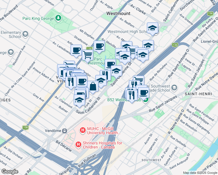 map of restaurants, bars, coffee shops, grocery stores, and more near 4700 Sainte-Catherine Street West in Westmount