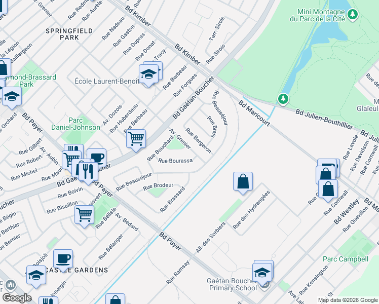 map of restaurants, bars, coffee shops, grocery stores, and more near 6145 Avenue Grenier in Longueuil