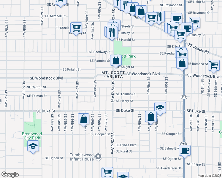 map of restaurants, bars, coffee shops, grocery stores, and more near 7130 Southeast Carlton Street in Portland
