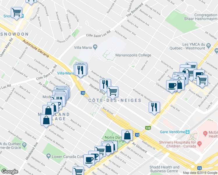 map of restaurants, bars, coffee shops, grocery stores, and more near 4021 Avenue Northcliffe in Montréal