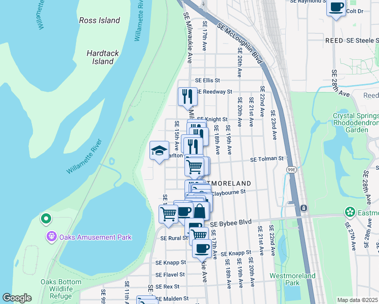 map of restaurants, bars, coffee shops, grocery stores, and more near 6108 Southeast Milwaukie Avenue in Portland