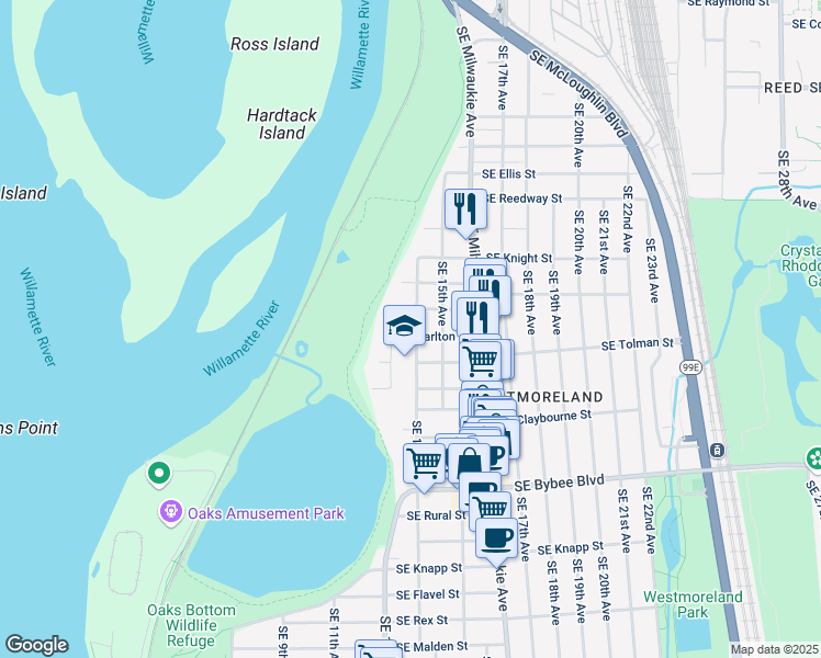 map of restaurants, bars, coffee shops, grocery stores, and more near 1336 Southeast Martins Street in Portland