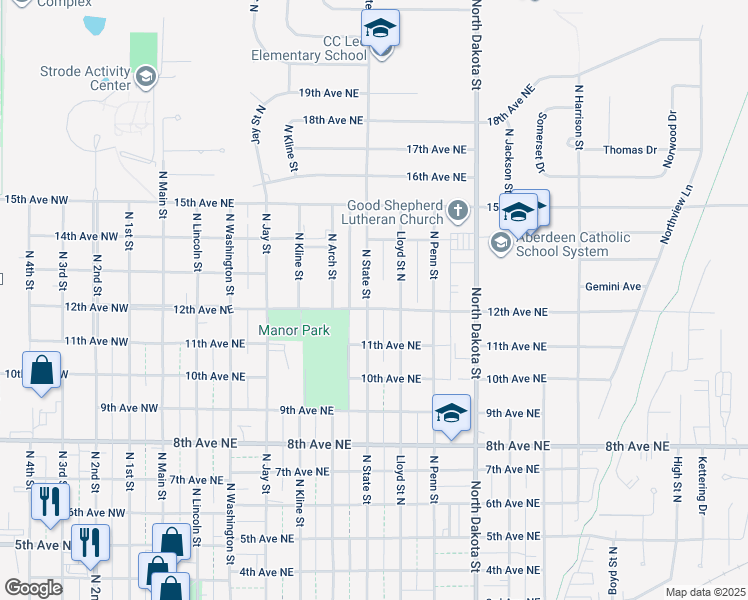 map of restaurants, bars, coffee shops, grocery stores, and more near 1219 North State Street in Aberdeen