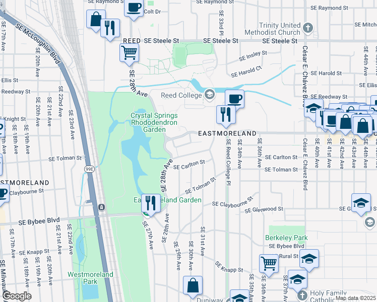 map of restaurants, bars, coffee shops, grocery stores, and more near 2933 Southeast Martins Street in Portland