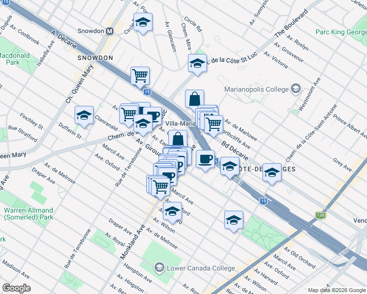 map of restaurants, bars, coffee shops, grocery stores, and more near 4328 Avenue Coolbrook in Montréal