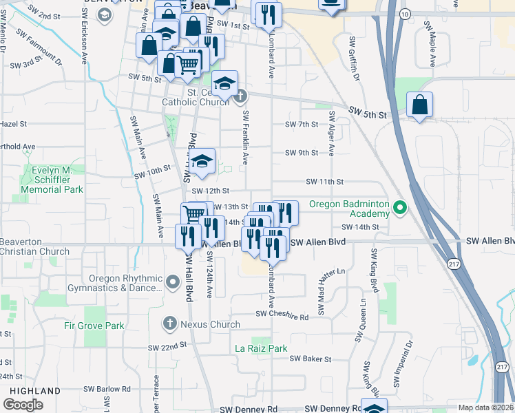 map of restaurants, bars, coffee shops, grocery stores, and more near None in Beaverton