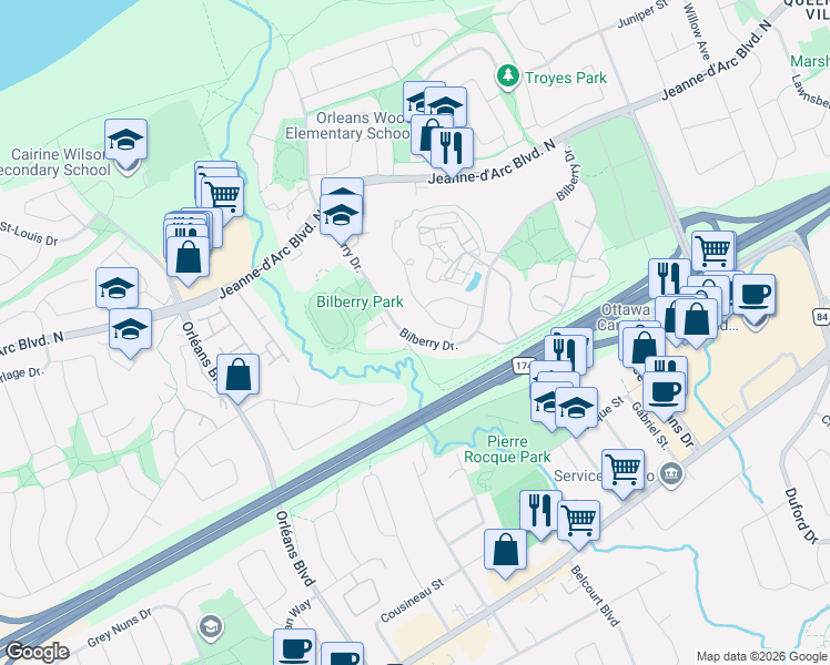 map of restaurants, bars, coffee shops, grocery stores, and more near 6667 Bilberry Drive in Ottawa