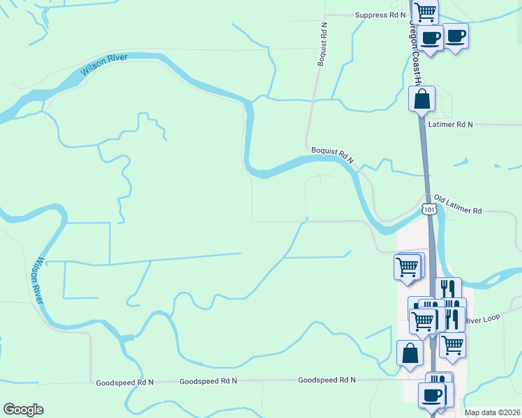 map of restaurants, bars, coffee shops, grocery stores, and more near Makinster Road in Tillamook