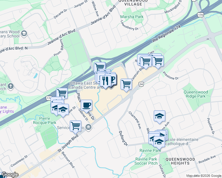 map of restaurants, bars, coffee shops, grocery stores, and more near 110 Place d'Orléans Drive in Ottawa