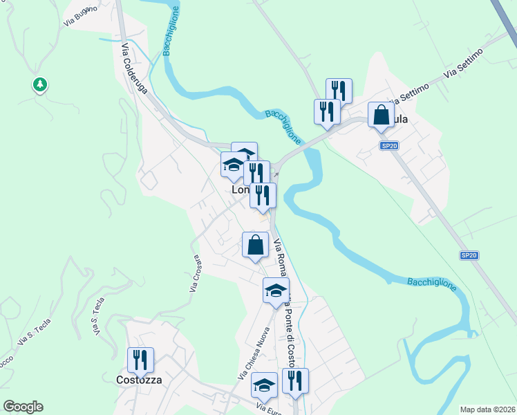 map of restaurants, bars, coffee shops, grocery stores, and more near Strada Statale 247 in Longare