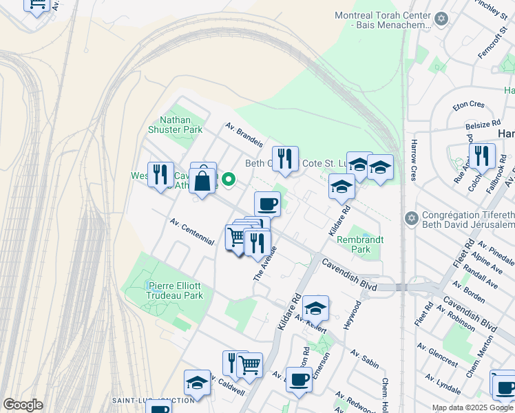 map of restaurants, bars, coffee shops, grocery stores, and more near 5875 Boulevard Cavendish in Côte Saint-Luc