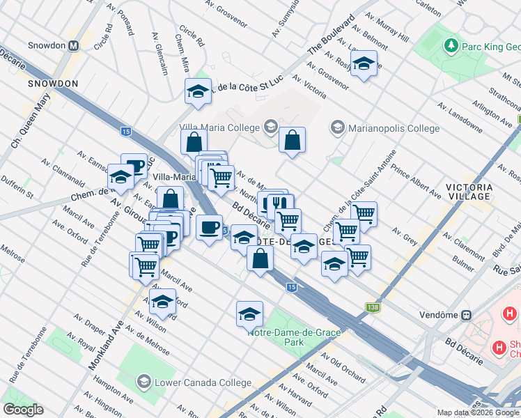 map of restaurants, bars, coffee shops, grocery stores, and more near 4086 Avenue Northcliffe in Montréal
