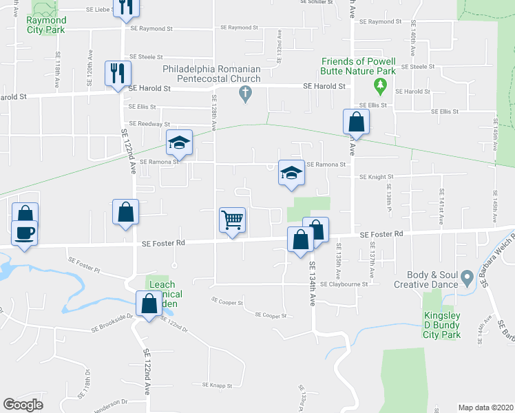 map of restaurants, bars, coffee shops, grocery stores, and more near 13115 Southeast Foster Road in Portland