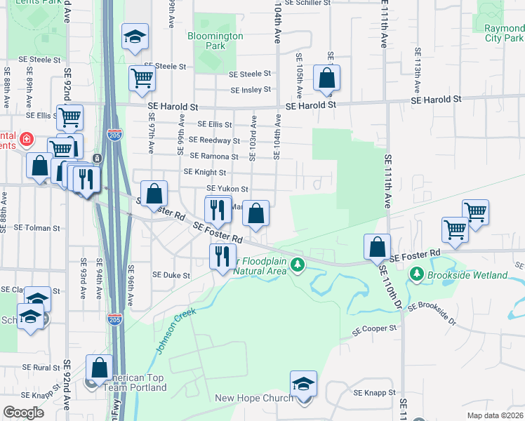 map of restaurants, bars, coffee shops, grocery stores, and more near 10359 Southeast Martins Street in Portland