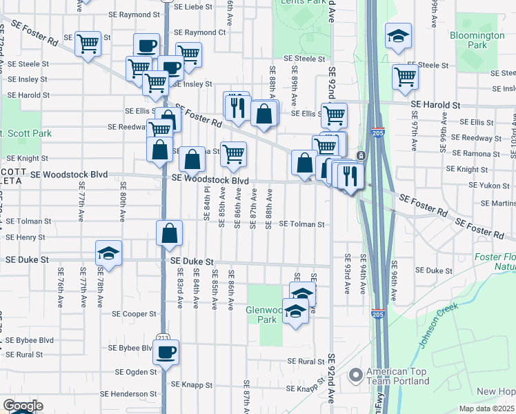 map of restaurants, bars, coffee shops, grocery stores, and more near 6110 Southeast 88th Avenue in Portland