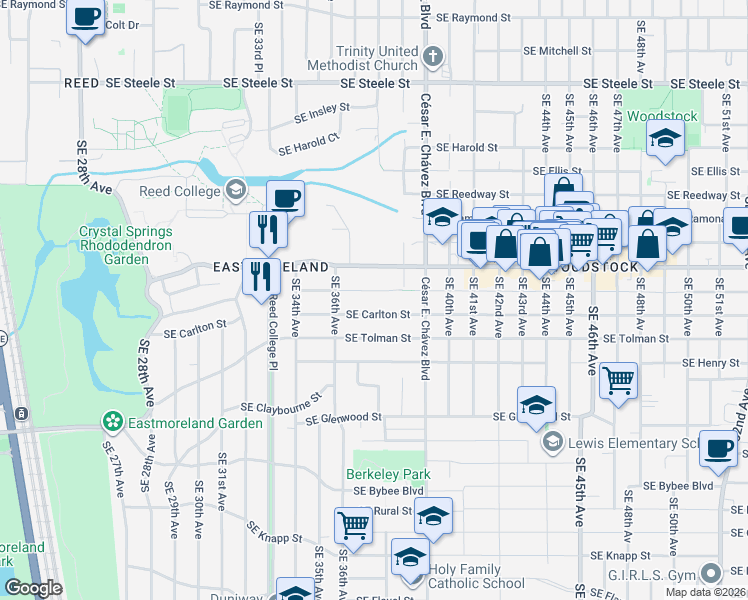 map of restaurants, bars, coffee shops, grocery stores, and more near 3679 Southeast Martins Street in Portland