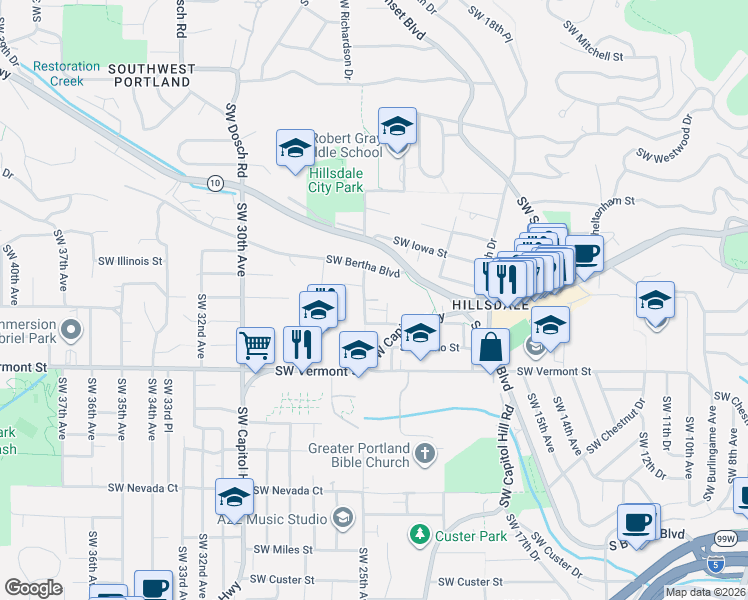 map of restaurants, bars, coffee shops, grocery stores, and more near 2310 Southwest Bertha Boulevard in Portland