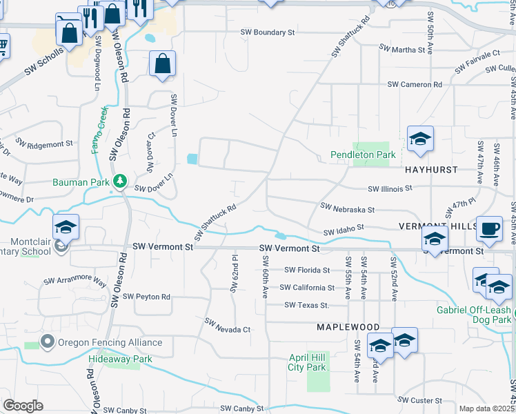 map of restaurants, bars, coffee shops, grocery stores, and more near 6323 Southwest 60th Avenue in Portland