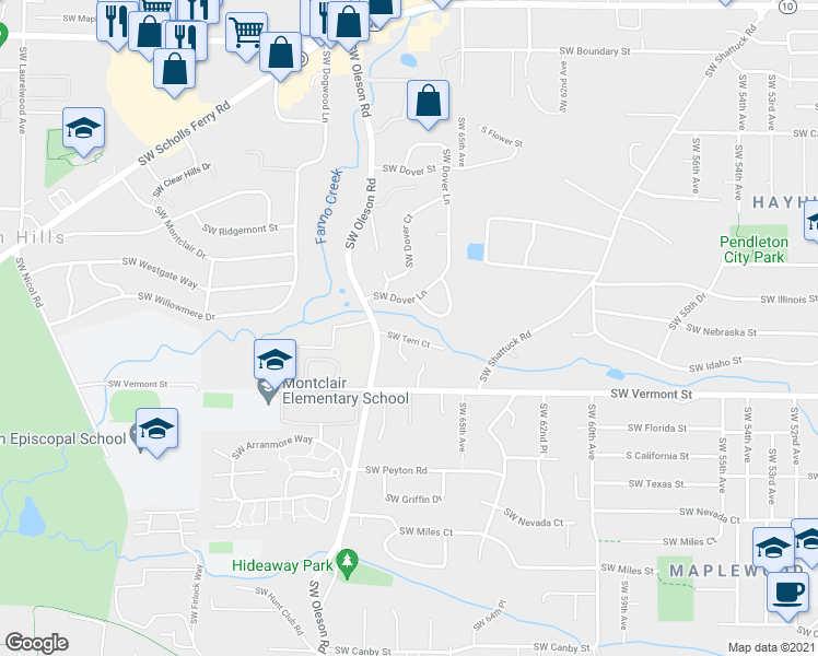 map of restaurants, bars, coffee shops, grocery stores, and more near 6801 Southwest Terri Court in Portland