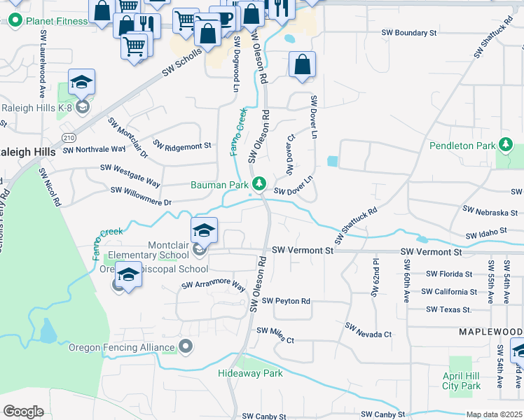map of restaurants, bars, coffee shops, grocery stores, and more near 5739 Southwest Oleson Road in Portland