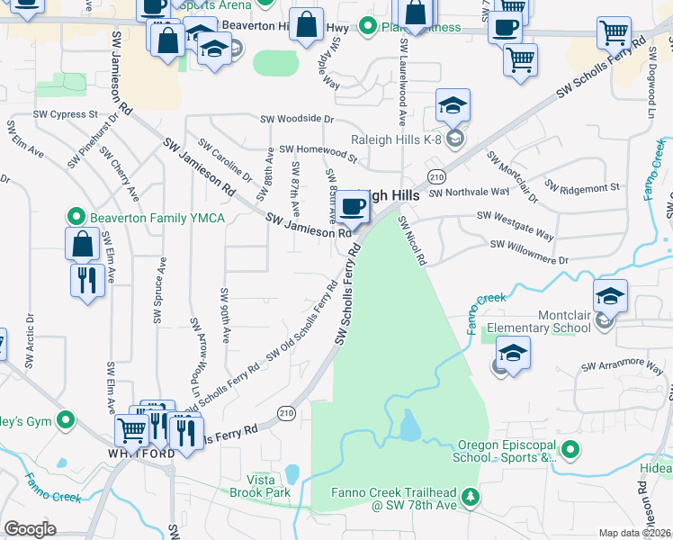 map of restaurants, bars, coffee shops, grocery stores, and more near 8500 Southwest Jamieson Road in Portland