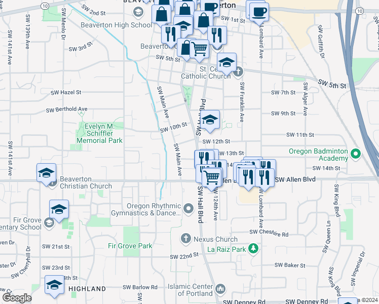 map of restaurants, bars, coffee shops, grocery stores, and more near in Beaverton