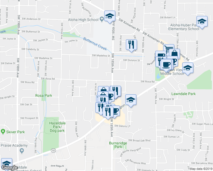 map of restaurants, bars, coffee shops, grocery stores, and more near 5705 Southwest 185th Avenue in Beaverton