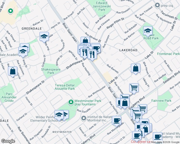 map of restaurants, bars, coffee shops, grocery stores, and more near 51 Rue Hasting in Dollard-Des Ormeaux
