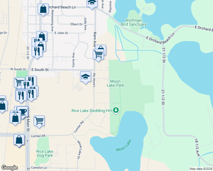 map of restaurants, bars, coffee shops, grocery stores, and more near 2015 Kern Avenue in Rice Lake