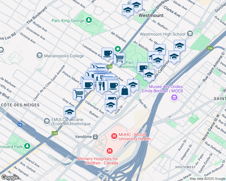 map of restaurants, bars, coffee shops, grocery stores, and more near 339 Avenue Victoria in Westmount
