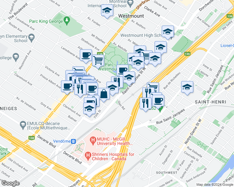 map of restaurants, bars, coffee shops, grocery stores, and more near 200 Avenue Lansdowne in Westmount