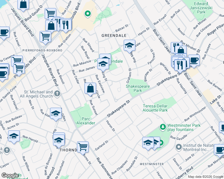 map of restaurants, bars, coffee shops, grocery stores, and more near 4319 King Street in Montreal