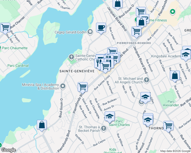map of restaurants, bars, coffee shops, grocery stores, and more near 15905 Pierrefonds Boulevard in Montreal