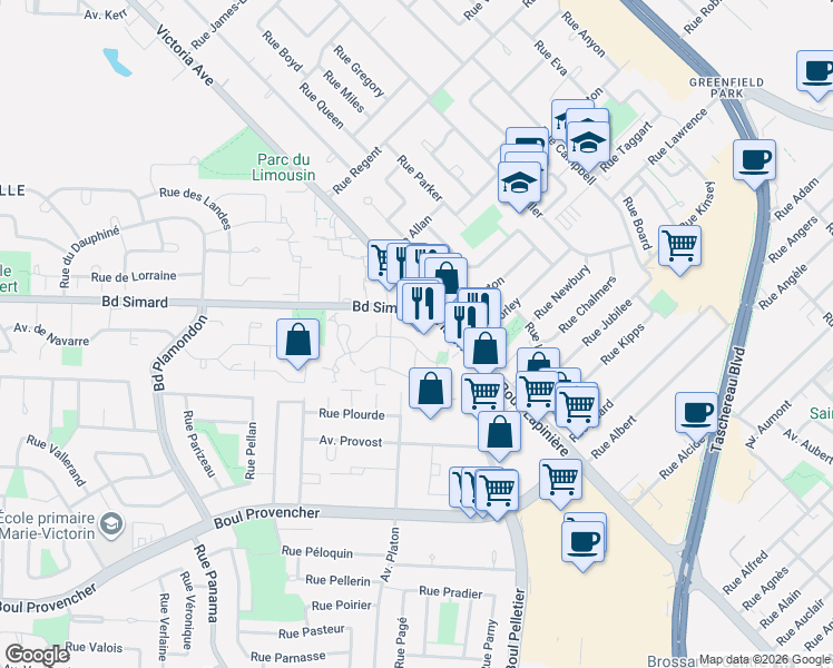 map of restaurants, bars, coffee shops, grocery stores, and more near 2001 Victoria Avenue in Saint-Lambert