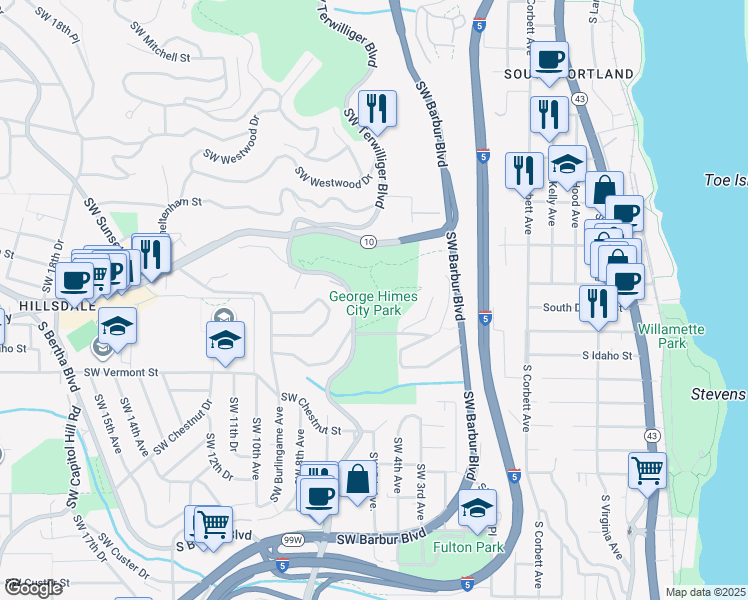 map of restaurants, bars, coffee shops, grocery stores, and more near 6415 Southwest Terwilliger Boulevard in Portland