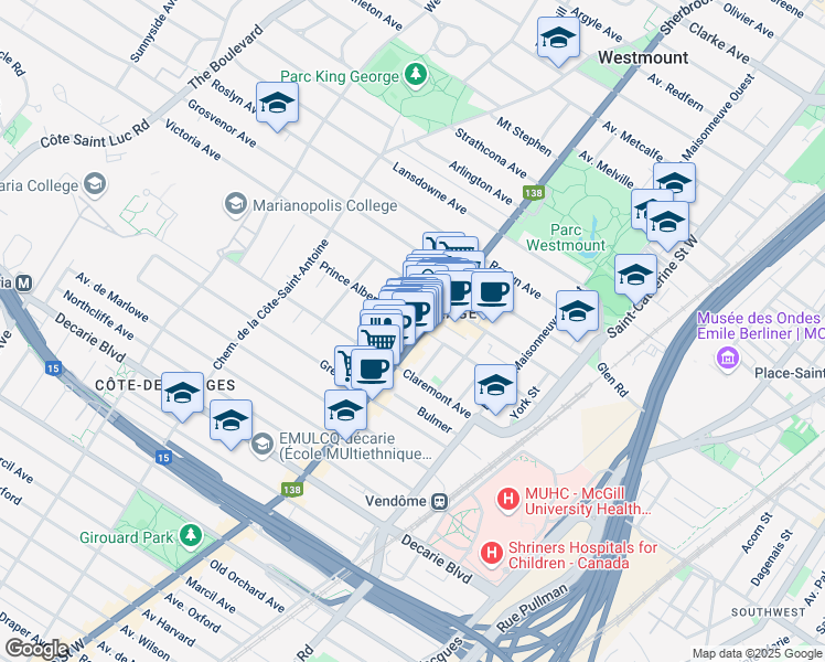 map of restaurants, bars, coffee shops, grocery stores, and more near 420 Prince Albert Avenue in Westmount