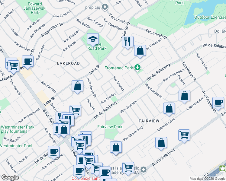 map of restaurants, bars, coffee shops, grocery stores, and more near 110 Rue Mozart in Dollard-des-Ormeaux
