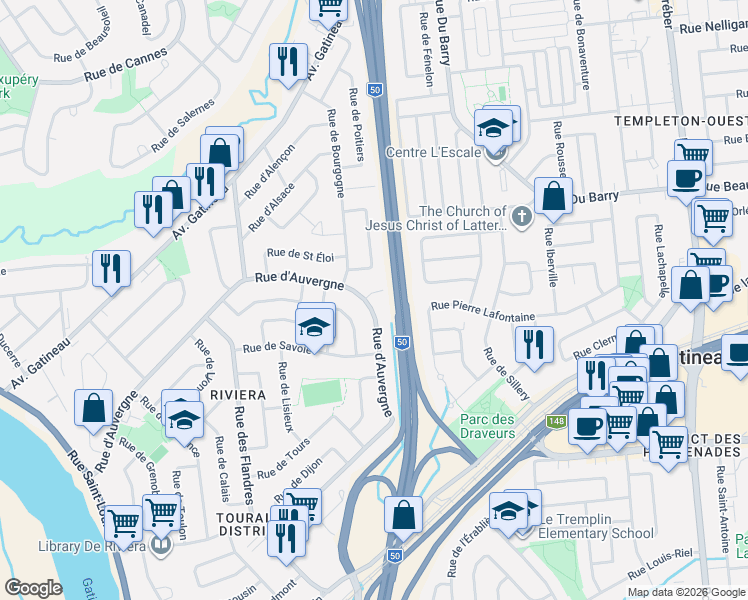 map of restaurants, bars, coffee shops, grocery stores, and more near 2 Rue de Foix in Gatineau